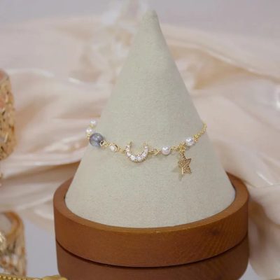 Pulsera luna de zirconias, perlas y link estrella - Imagen 3