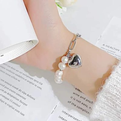 Pulsera link corazón y perlas silver - Imagen 2