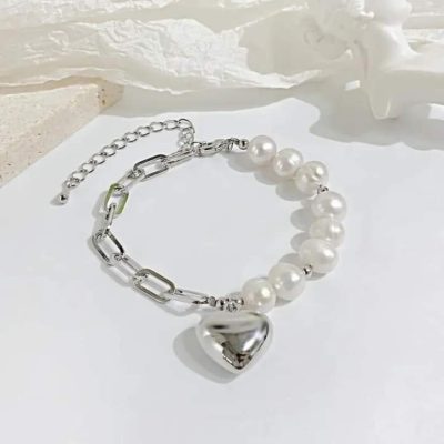Pulsera link corazón y perlas silver - Imagen 3