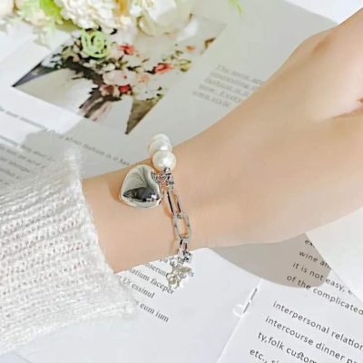 Pulsera link corazón y perlas silver
