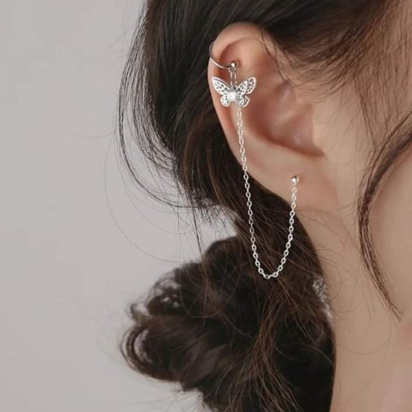 Aretes ear cuff mariposa y cadena silver - Imagen 5