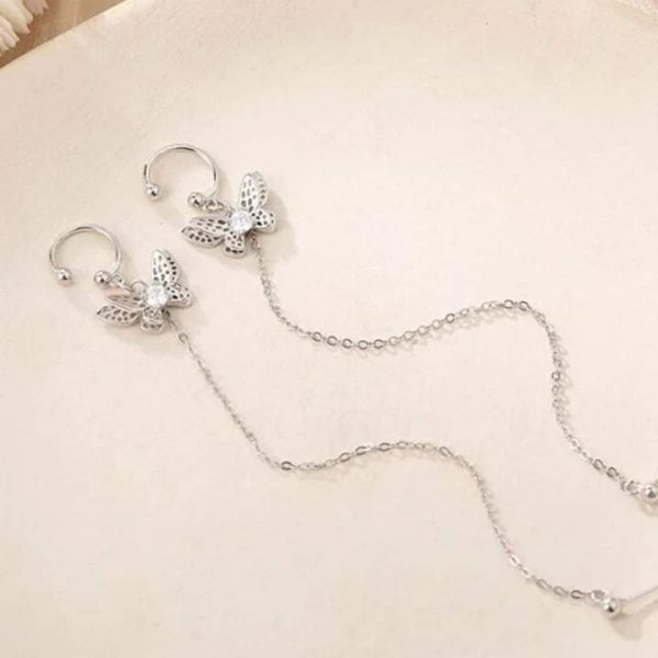 Aretes ear cuff mariposa y cadena silver