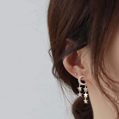 Aretes luna y estrellas colgantes gold - Imagen 2