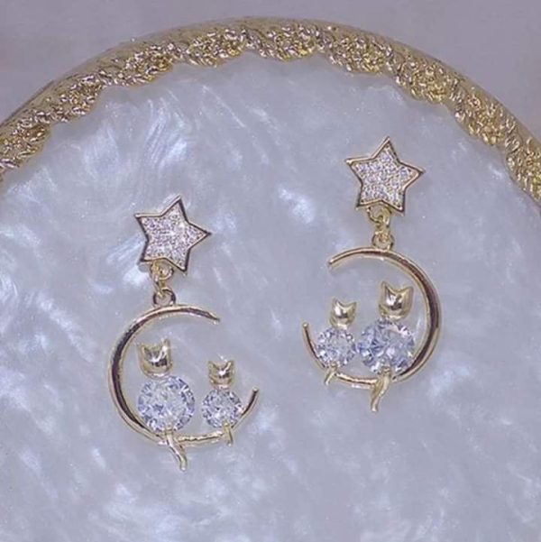 Aretes estrella, luna y gatos gold - Imagen 2